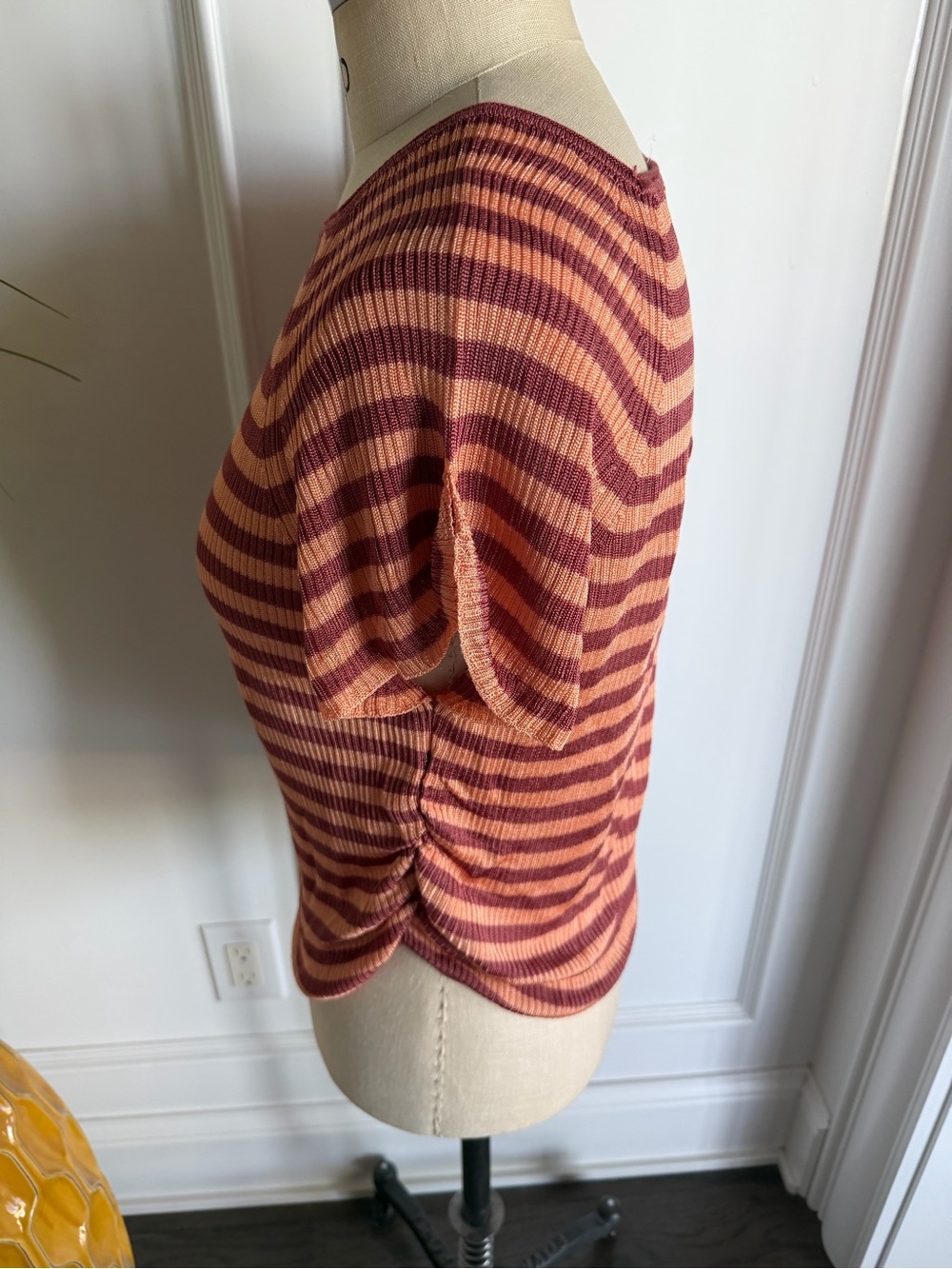 Free People Striped Ribbed Knit Top in Rust & Peach with Ruched Sides